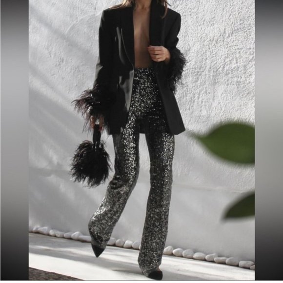 ZARA FLARED SEQUIN LEGGINGS - Picture 1 of 13